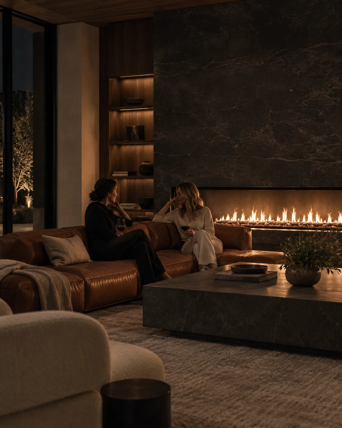 Two friends relaxing beside a linear gas fireplace in a modern Arizona great room at night.