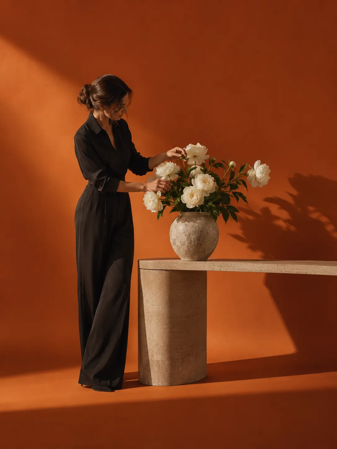 A woman in black arranging white peonies in a stone vase.