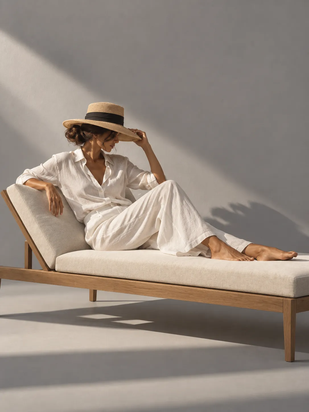 A woman relaxing on an outdoor chaise lounge in a sunhat.