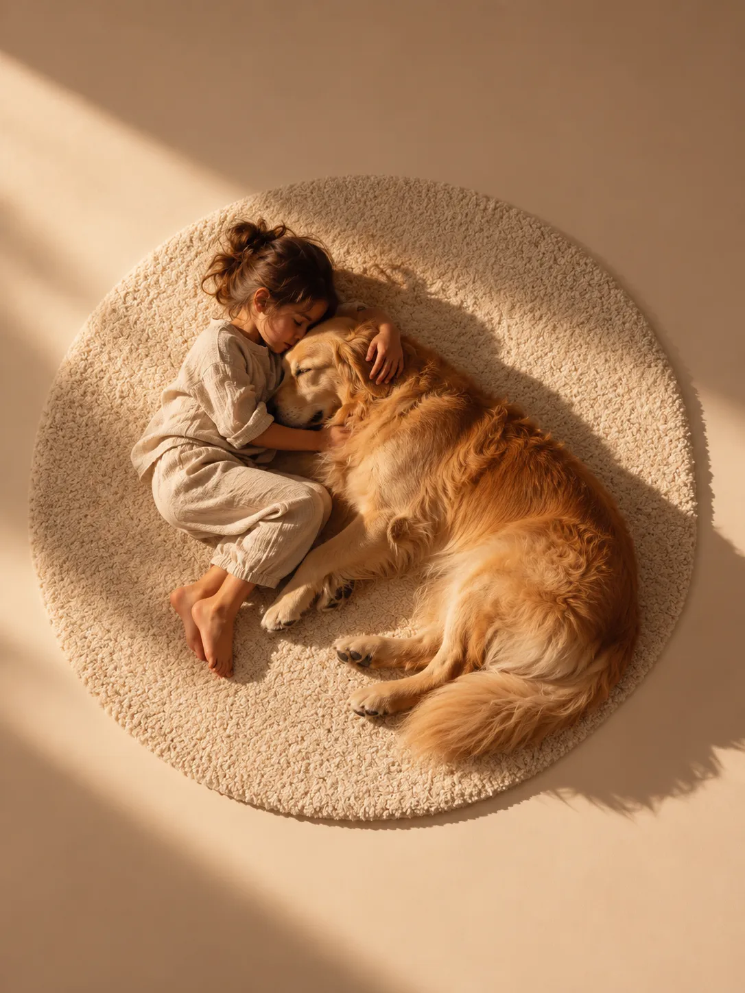 A child asleep beside a golden retriever on a round rug.