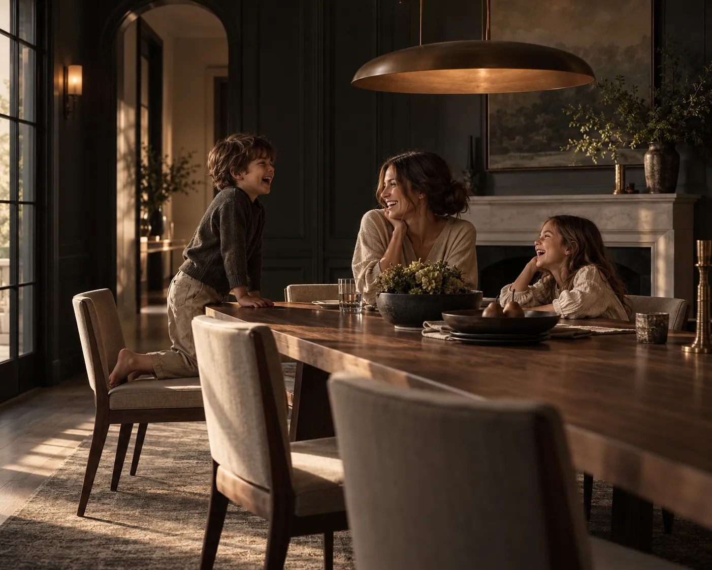 A mother laughing with her two children at a candlelit dining table.