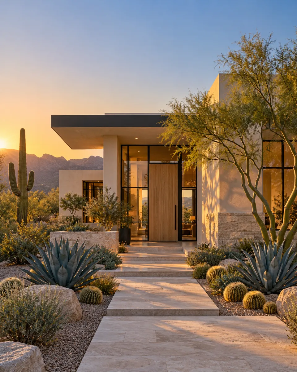 A modern desert home with saguaro and agave landscaping at sunset