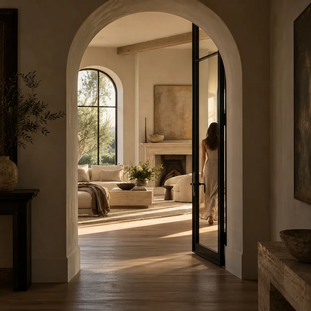 A woman in white crossing a sunlit archway into an Arizona home's living room, framed by a fireplace and garden view beyond.