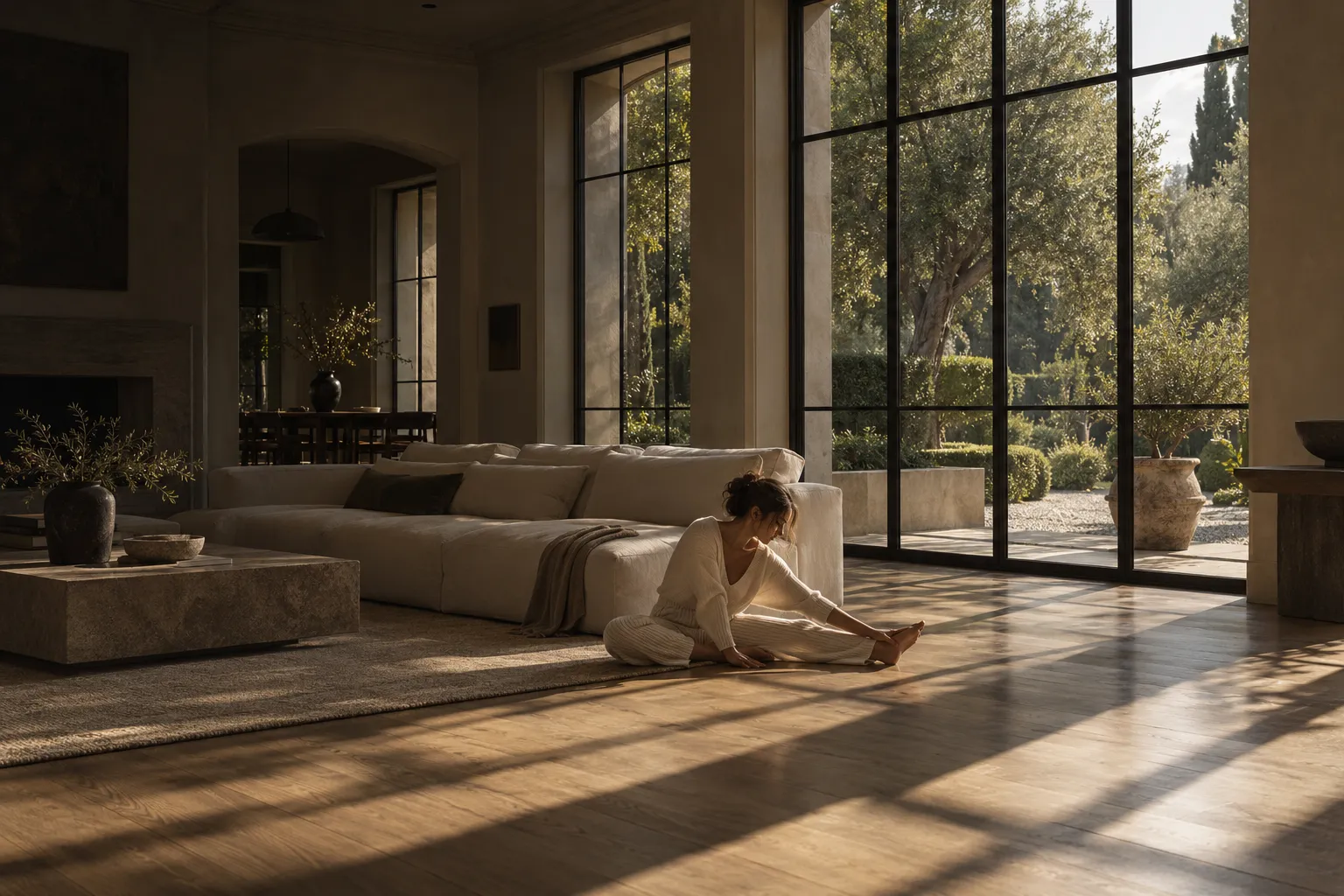 A woman stretching on the hardwood floor of a sunlit Arizona living room, floor-to-ceiling windows open to a mature olive-tree garden.