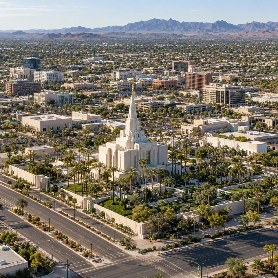 Aerial drone view of the Mesa Arizona Temple and downtown Mesa, Arizona, with mountains in the distance.