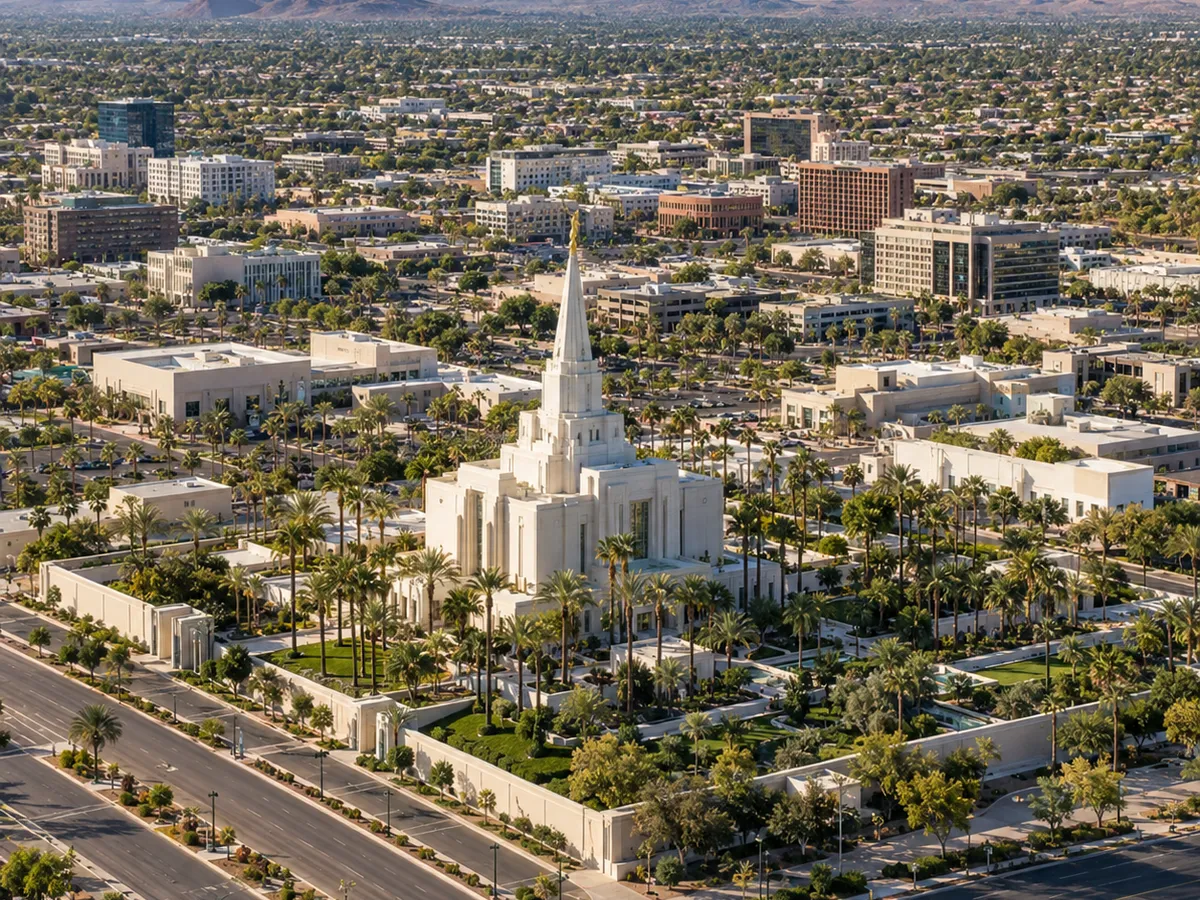 Aerial drone view of the Mesa Arizona Temple and downtown Mesa, Arizona, with mountains in the distance.