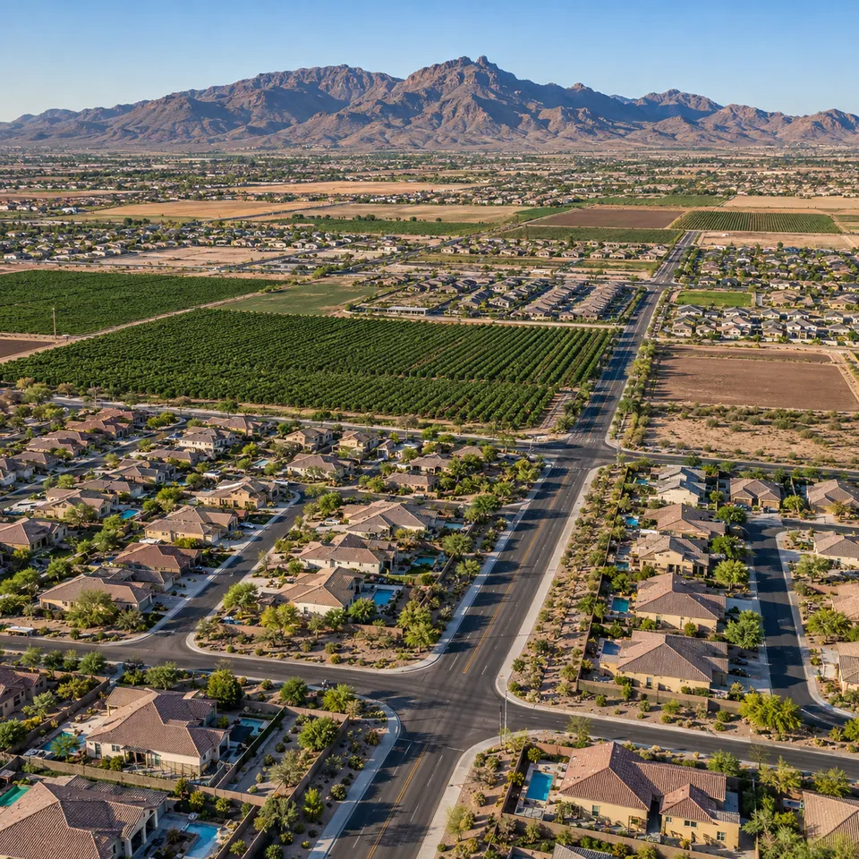 Aerial drone view of orchard fields bordering a suburban neighborhood in Queen Creek, Arizona.