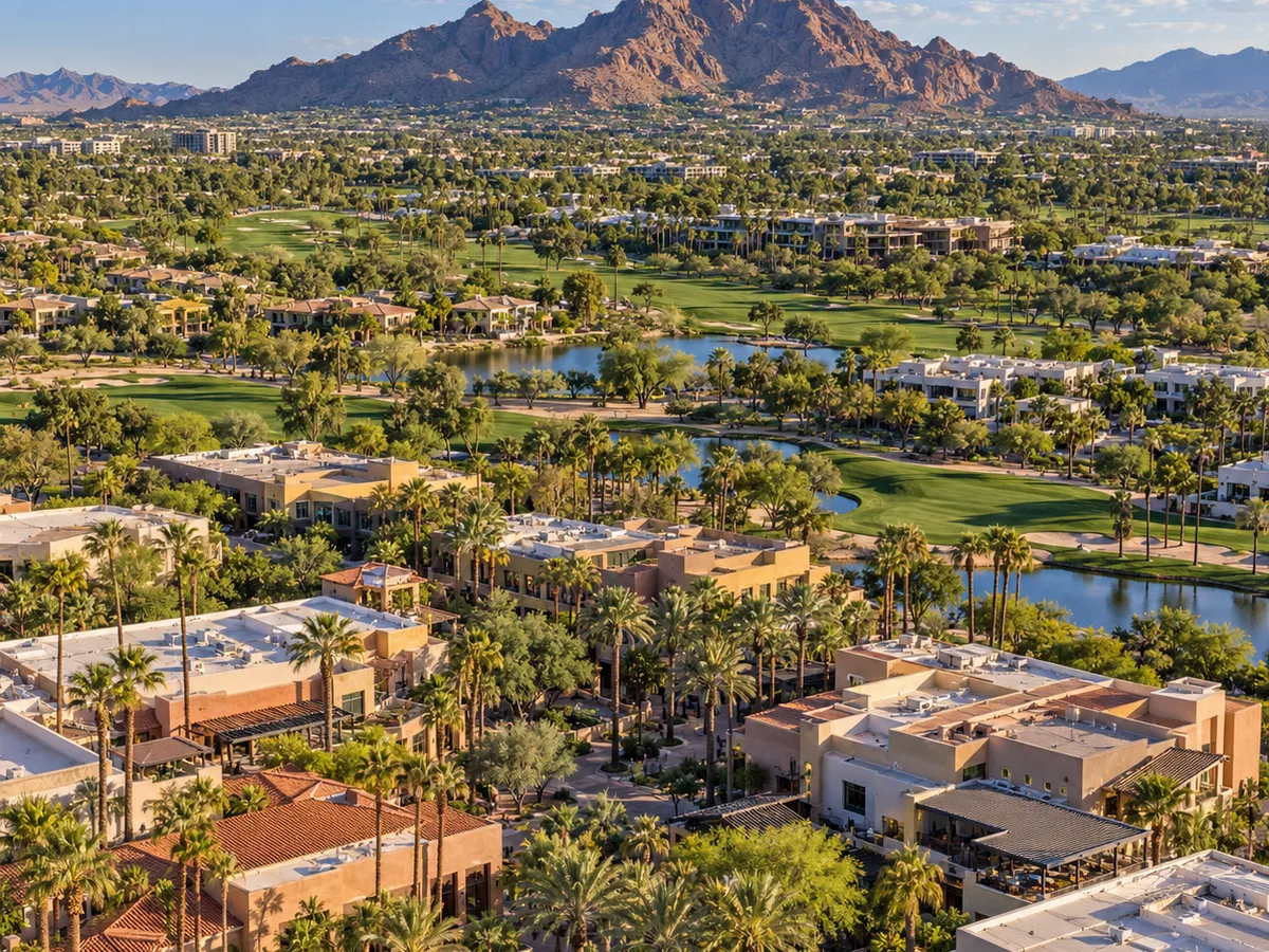 Aerial drone view of a resort and golf course district in Scottsdale, Arizona, with Camelback Mountain in the background.