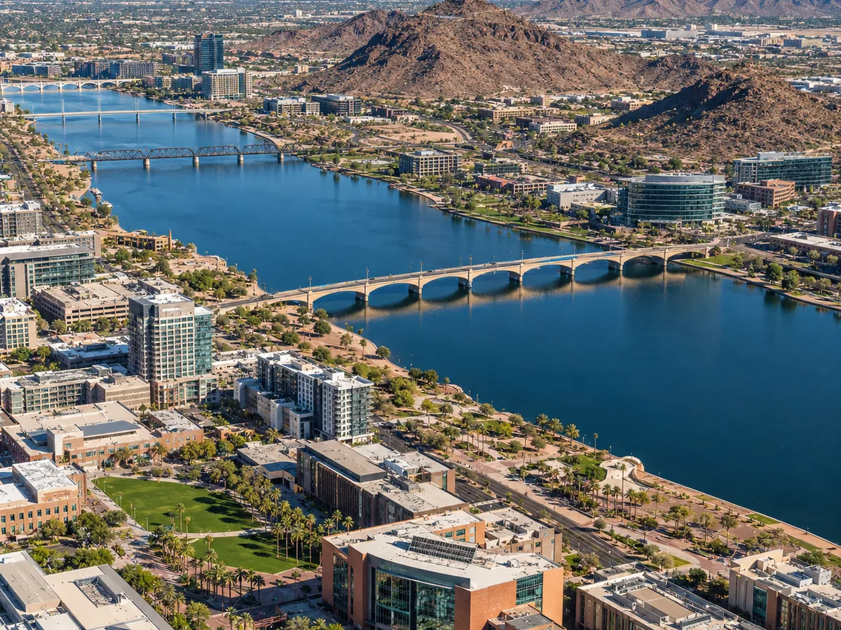 Aerial drone view of Tempe Town Lake and Tempe Butte in Tempe, Arizona.