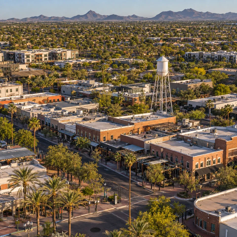 Aerial drone view of downtown Gilbert's Heritage District, Arizona, featuring its historic water tower and Main Street storefronts.