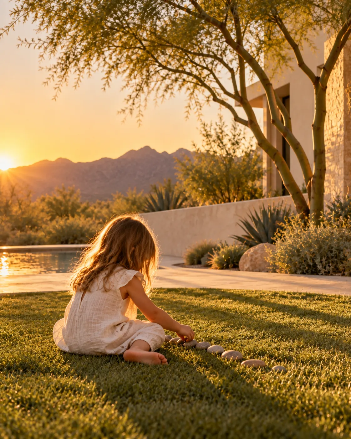 A young girl sitting barefoot on the lawn of an Arizona backyard at sunset, arranging stones near a pool, with desert mountains and landscaping in the background.