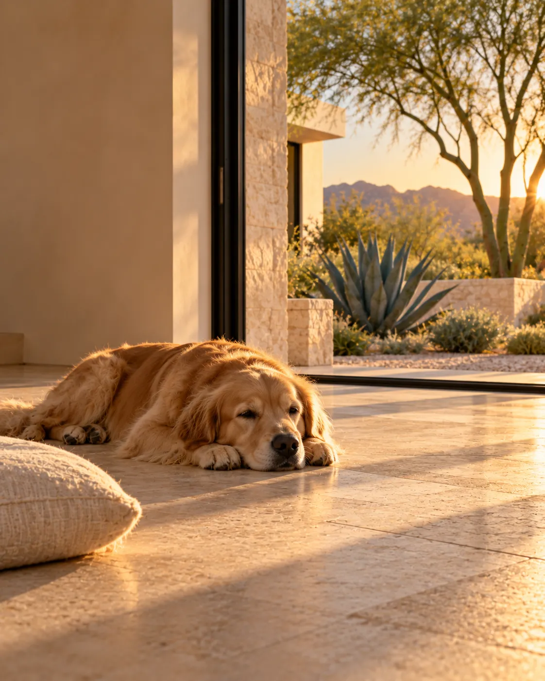 A golden retriever resting on a sunlit tile floor inside an Arizona home, with a desert backyard visible through the open patio door.