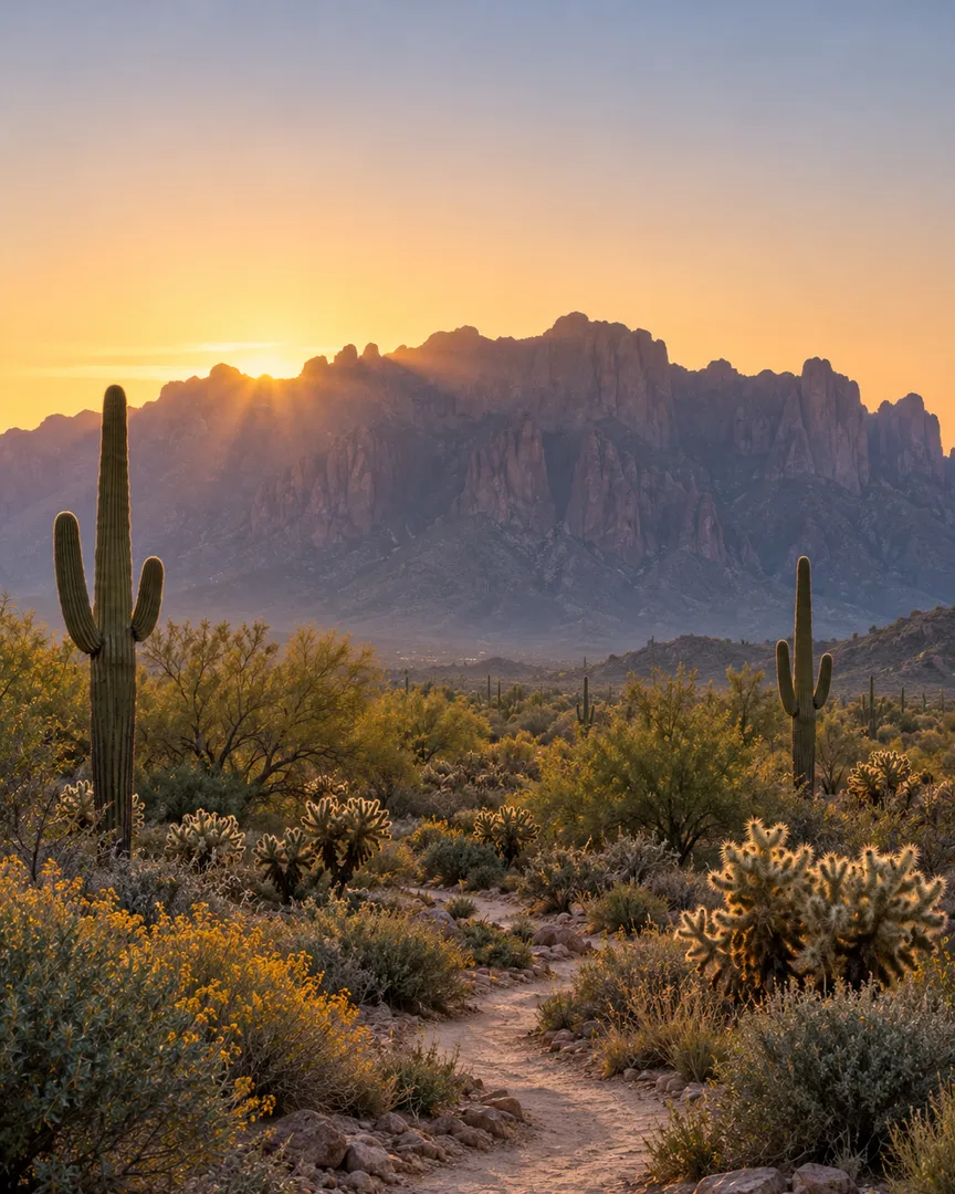 Sunrise over the Superstition Mountains outside the Phoenix metro area